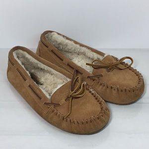 Minnetonka Tan Suede & Faux Fur Moccasins Style #4036 Size 7